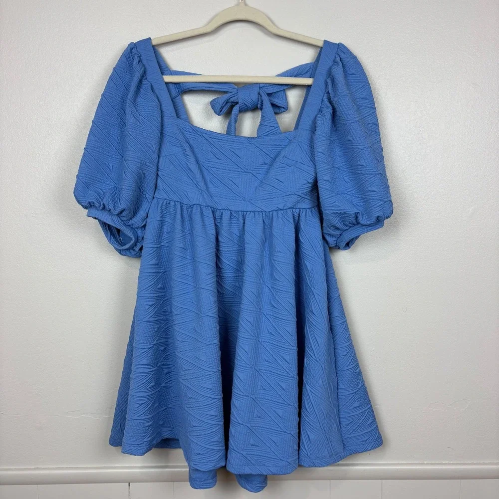 Free People Violet Puff Sleeve Mini Dress Blue Babydoll Textured‎ Matelasse Knit